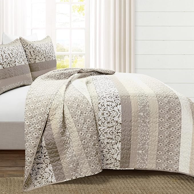 Lush Decor Boho Stripe Reversible Cotton Quilt 3-Piece Set, Full/ Queen, Neutral - Bold Colorful Bohemian Bedding Set