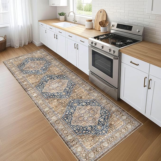 Runner Rug Kitchen Washable Rugs: 3x10 Non-Slip Boho Vintage Stain Resistant Indoor Neutral Farmhouse Throw Carpet for Hallway Bathroom Laundry Room Entryway Bedroom- Yellow Blue