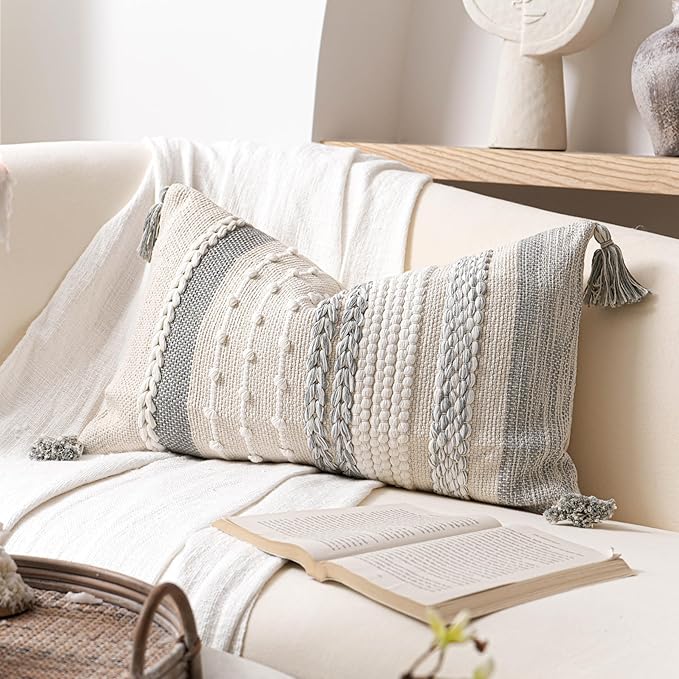 BlissBlush Gray Decorative Lumbar Pillow Cover 14x24, Grey Boho Long Body Pillow for Bed, Farmhouse Lumbar Throw Pillow for Couch, Modern Accent Textured Throw Pillowcase