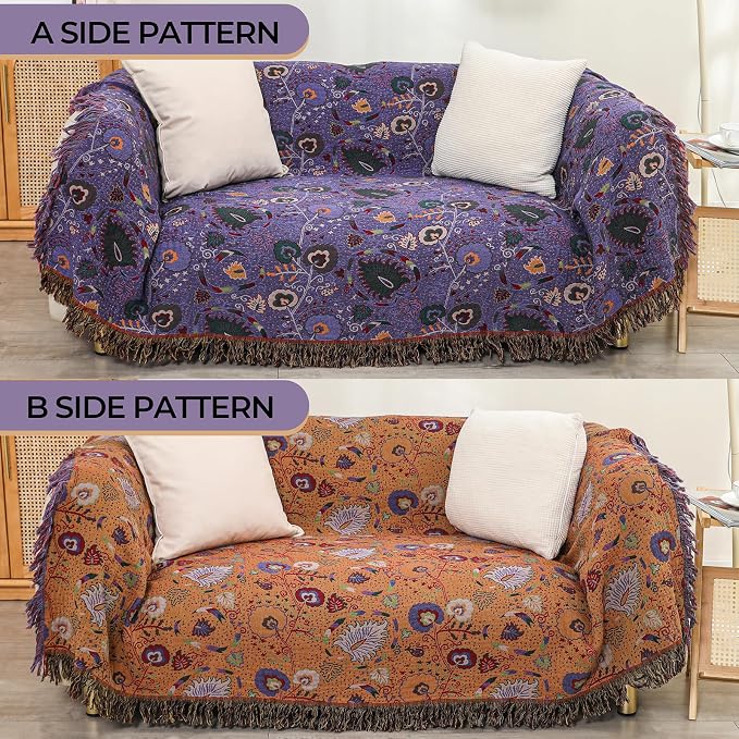 Summer Boho Throw Blanket 90" x 98" 100% Cotton Ultra Soft Breathable Muslin Blanket for Adult 4-Layer Gauze Woven Floral Farmhouse Decor Rustic Quilt for Couch Sofa Gift for Man Woman Purple Flowers