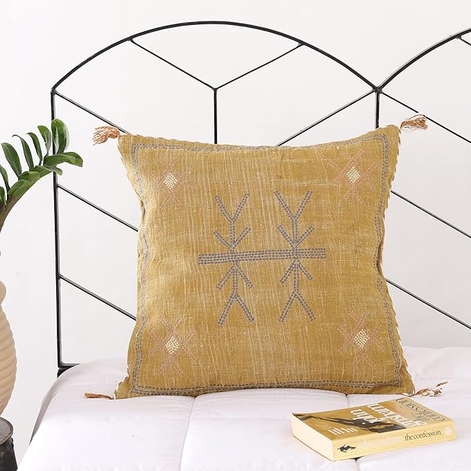 Labhanshi Mustard Color Cactus Silk Pillow, Rustic Throw Pillow, Embroidered Cushion Cover, Linen Cushion, Handmade Sabra Moroccan Decor Pillow 20x20