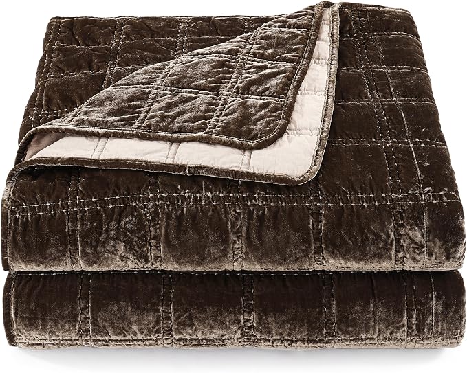 HiEnd Accent Stella Faux Silk Velvet Double Box Stitch 3 Piece Quilt Set, Full Queen Size, Green Ochre Solid Color, Classic Chic Modern Rustic Elegant Bedding Set, Lightweight Bed Set