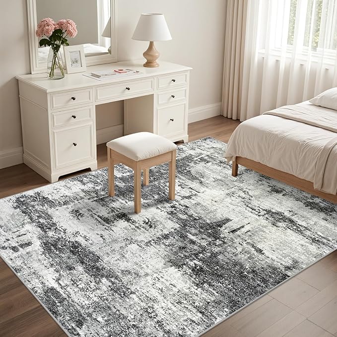 Washable Rug 6x9 Area Rugs: Soft Large Living Room Rug with Anti-Slip Backing Non-Shedding Stain-Resistant Modern Abstract Carpet for Bedroom Dining Room Nursery Home Office-Black