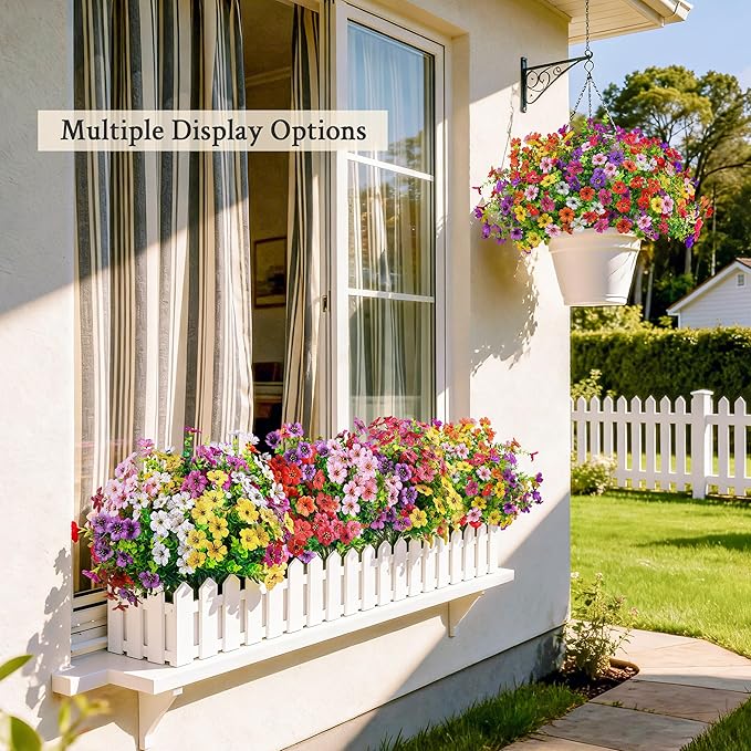 Der Rose 24 Bundles Artificial Flowers for Outdoor UV Resistant Faux Plants for Wedding Home Garden Patio Porch Spring Decor (8 Colors)