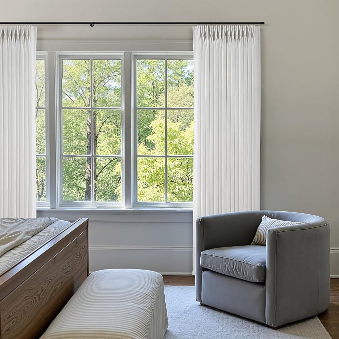 60 Inch Extra Wide Pinch Pleated Linen Curtains 84 Inch Length for Living Room Large Window Drapes Light Filtering Privacy for Bedroom Back Tab with Hooks Clip Rings Beige White 60W x 84L