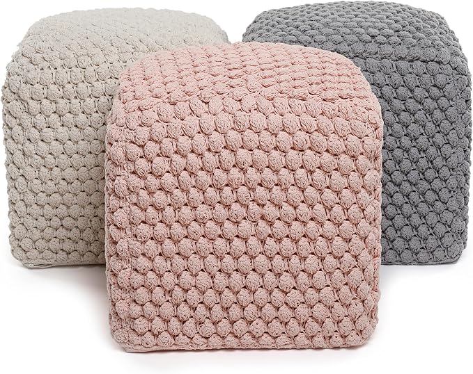 BIRDROCK HOME Square Pouf Ottoman Foot Rest - 18” Compact Comfortable Soft Cotton Knit Bean Bag Floor - Chair Foot Stool Seat for Living Room, Bedroom, or Kids Room (Dusty Rose Pink Bud)