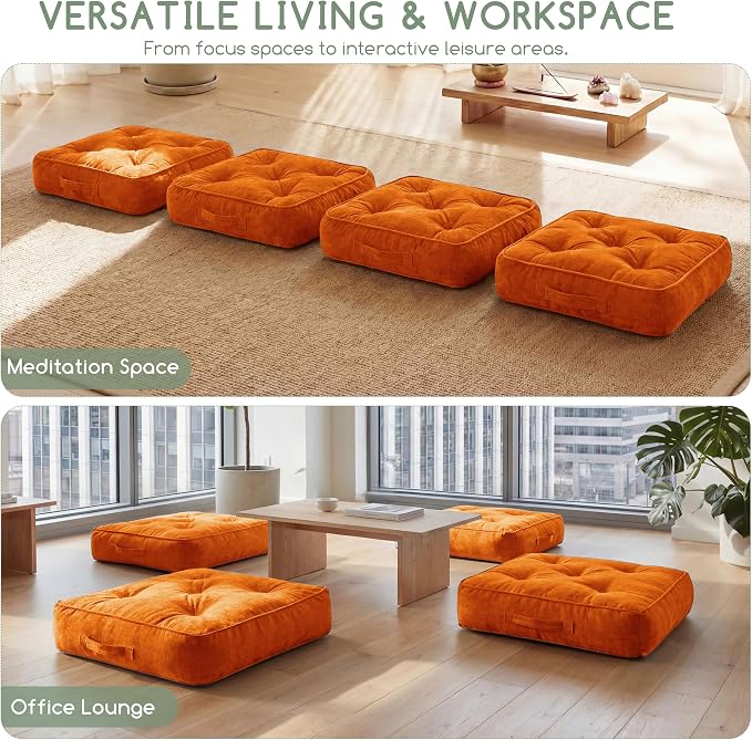 HIGOGOGO Large Floor Pillow Cushion for Adults, Meditation Cushion Pillow with Handle, Lustrous Chenille Tufted, Square Floor Sitting for Tatami Living Room or Yoga, 22x22 Inch, Orange