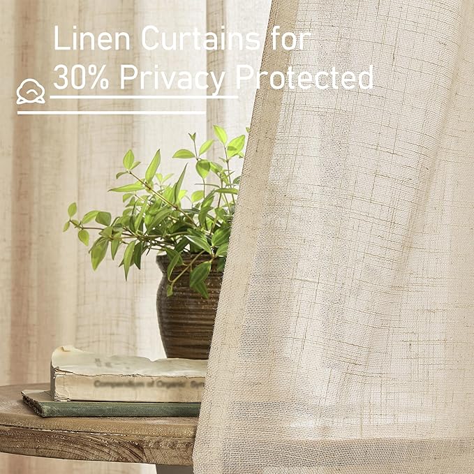 LAMIT 24 Inch Cafe Linen Curtains for Kitchen Window, Semi Sheer Light Filtering Short Curtains Back Tab and Rod Pocket Neutral Drapes for Bathroom/Basement, 2 Panels, Linen, 34 x 24 Inch