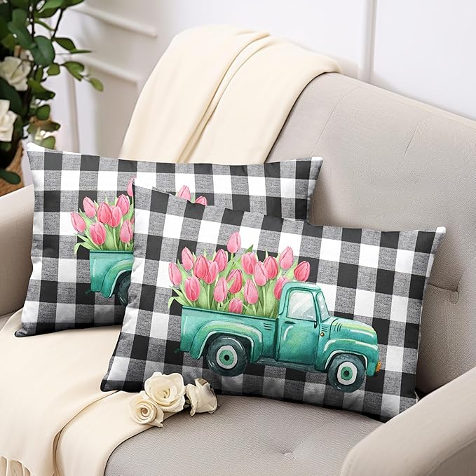 Pink Tulip Lumbar Pillow Covers Spring Truck Rectangle Pillow Case 12x20 Tulip Buffalo Check Decorative Waist Pillowcase for Couch Living Room Bedroom Set of 2