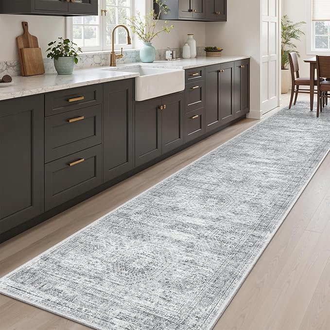 Soalmost Runner Rug 2'6" x 10' Washable Non-Slip Runner Rugs for Kitchen Bathroom Laundry Room Vintage Ultra Thin Runners for Hallway Entryway Grey