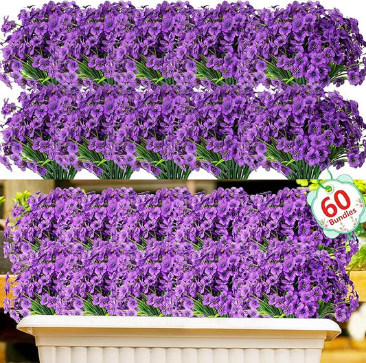 Powbrace 60 Pack Artificial Flowers for Outdoor Indoor Fake Plants, Faux Silk Flowers for Outdoors Outside Front Porch Hanging Planter Window Box Garden Spring Decoration(Purple)