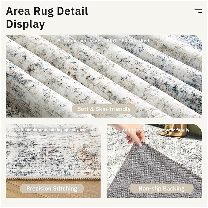 Soalmost 6x9 Area Rug for Living Room Washable 6x9 Non-Slip Modern Rugs for Bedroom Dinning Room Ultra-Thin Indoor Blue Ivory