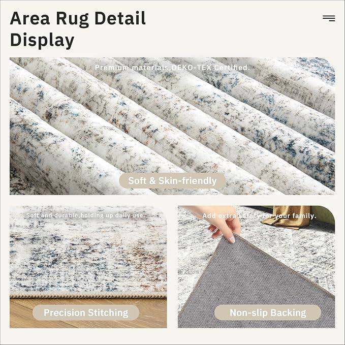 Soalmost Area Rug 10x12 Vintage Washable Living Room Large Carpet Non Slip Bedroom Indoor Office Dining Room Low Pile Thin Rug Blue Ivory