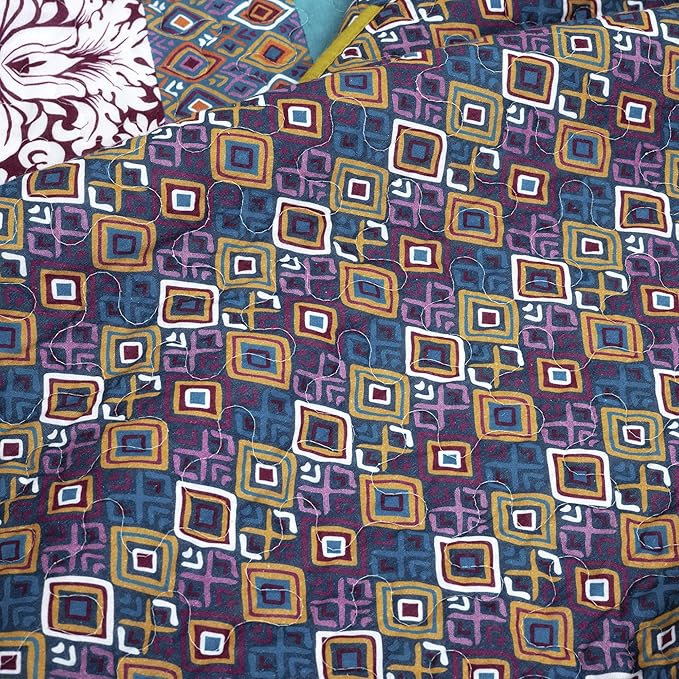 Lush Decor Boho Stripe Reversible Cotton Quilt 3-Piece Set, King, Plum & Yellow - Bold Colorful Bohemian Bedding Set