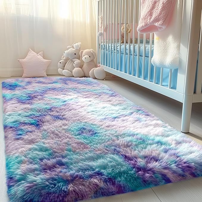 PAGISOFE Adorable Furry Rainbow Rugs for Bedroom Girls, 2x4 Soft Purple Shag Tent Rugs for Livingroom, Bedside, Kids Room, Nursery, Home Decor, Fluffy Fuzzy Carpet Plush Mermaid Kawaii Throw Pink Rug