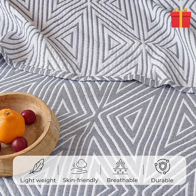 Muslin Blanket,100% Cotton Reversible 4-Layer Geometric Quilt, Soft Throw Blanket for Twin Size Bedspread Sofa Room Decor, Gifts for Women,Men, 60"×80", Blue