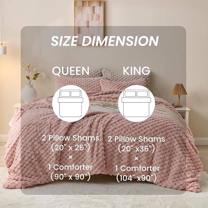Simple&Opulence Fluffy Faux Fur Comforter Set, Plush Fuzzy Minky Bedding Set, 3 Pieces Warm Soft Comforter Bedding Set for Winter - 1 Shaggy Comforter with 2 Pillow Shams(Queen, Grid - Pink)
