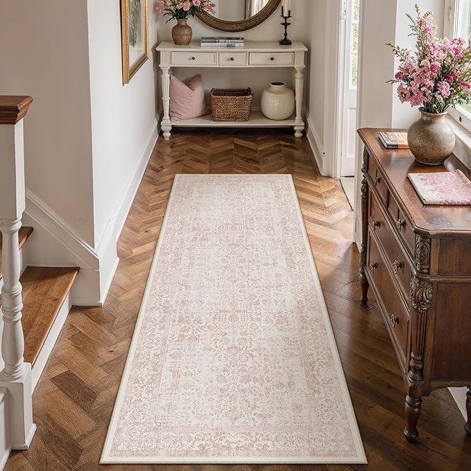 PureCozy Pink Runner Rug 2x5 Hallway Machine Washable Kitchen Vintage Distressed Non Slip Long Carpet Indoor Retro Floral Bedroom Accent Throw Rug for Bathroom Office Laundry Dining Room
