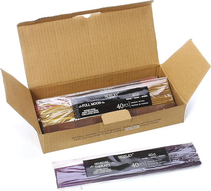 Hosley 120 Pack Incense Sticks + Bonus 120 Pack (Total 240) – Dragon's Blood, Earth, Full Moon, Sensual Therapy, Spiritual, Wildberry – Bulk Pack Perfect for Home, Meditation & Aromatherapy