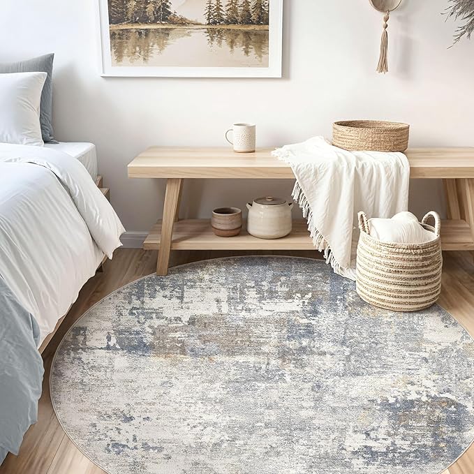 UERMEI 8ft Round Area Rug Living Room Rugs - 8x8 Washable Neutral Modern Abstract Soft Thin Rug Indoor Floor No Slip Rug Carpet for Bedroom Under Dining Table Home Office Decor - Blue Grey
