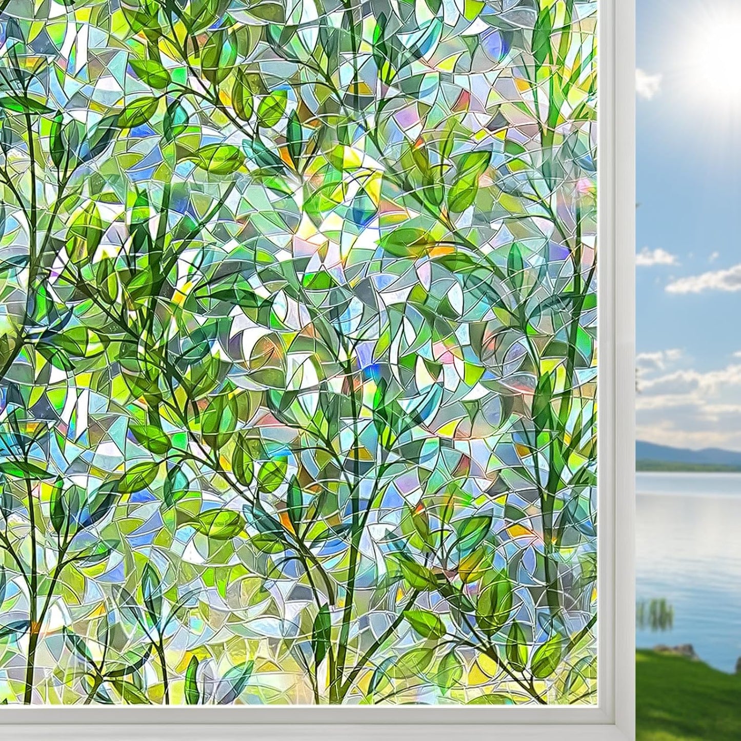 DUOFIRE Window Privacy Film Decorative Stained Glass Window Film Rainbow Foliage Windows Cling Anti UV Non-Adhesive Static Cling Reusable Colorful Windows Decal for Home 35.4×78.7 inch