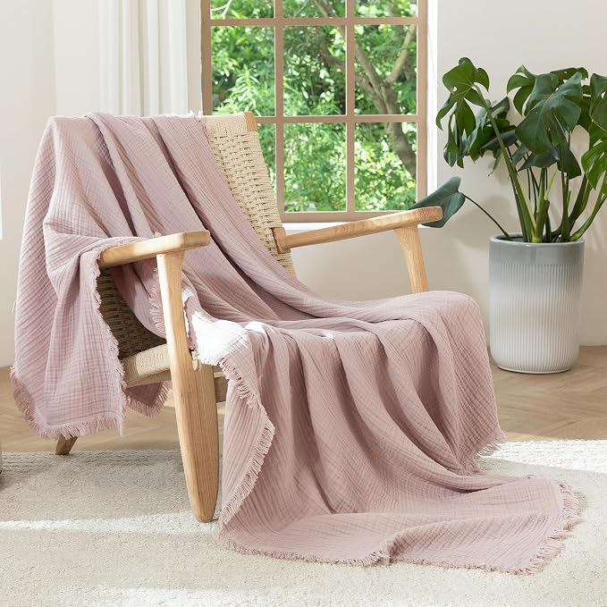 MooMee Muslin Blanket - 100% Cotton 4-Layer Gauze Throw Blanket with All-Around Fringe, Soft Breathable Lightweight Cooling Summer Blankets for Bed Couch(Greyish Pink,Twin XL 66" x 90")