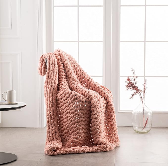 Chunky Knit Blanket Throw - 50"x60" 3.7 lbs.- Soft Chenille Yarn Knitted Blanket -Machine Washable Crochet Blanket - Handmade Cable Knit Throw Blanket for Couch, Bed (Blush Pink) | Soft chenille chunky knit throw blanket in blush pink â€“ handmade cabl...