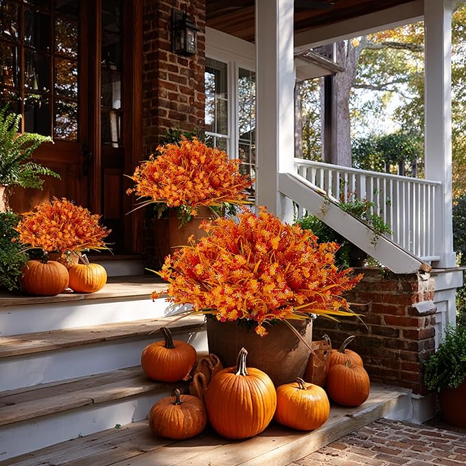 AXYLEX Artificial Fall Flowers Outdoor Fake Mums - 16 Bundles Fake Plants UV Resistant No Fade Faux Plastic Greenery Garden Porch Patio Fall Home Decor (1, OrangeYellow)