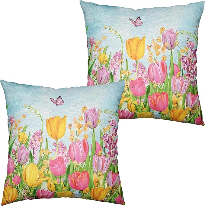 Tulip Pillow Covers 24x24 Set of 2 Spring Throw Pillow Covers Pink Yellow Tulip Floral Outdoor Pillowcase Watercolor Cotton Linen Cushion Case for Sofa Outdoor Patio