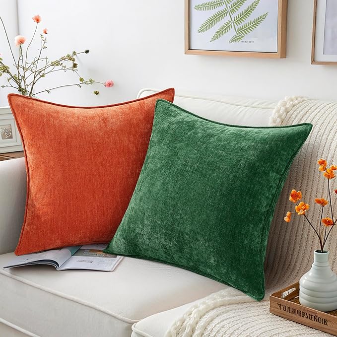 decorUhome Summer Couch Throw Pillow Covers 18x18 Set of 2, Decorative Soft Velvet Modern Cozy Chenille Pillow Cases with Elegant Design for Sofa Bed Living Room Home Decor, Green
