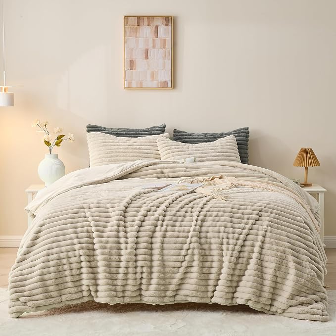 Simple&Opulence Fluffy Faux Fur Comforter Set, Plush Fuzzy Minky Bedding Set, 3 Pieces Warm Soft Comforter Bedding Set for Winter - 1 Shaggy Comforter with 2 Pillow Shams(Queen, Striped - Khaki)