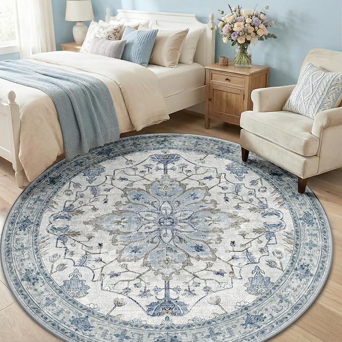 RELEANY Area Rugs 6ft Washable Non-Slip, Floral Vintage Distress Print Pattern Medallion Carpet for Living Room Bedroom Dining Room, Light Blue Navy Beige Gray White
