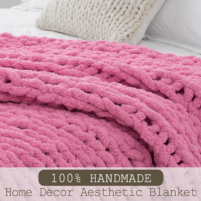 Chunky Knit Throw Blanket 60x80, 100% Handmade Chenille Yarn | 6.7lbs Soft Thick Cable Knitted Blankets, Large Rope Knot Crochet Throws for Couch Sofa Bed Machine Washable, Hot Pink