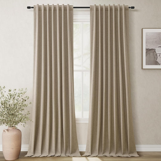 BOODII 100% Blackout Curtains for Bedroom 95 Inch Length 2 Panels Set Room Darkening Linen Curtains Khaki Black Out Curtain Neutral Thermal Insulated Living Room Nursery Drapes Back Tab 52x95