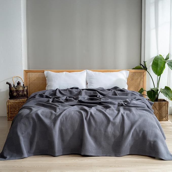 100% Turkish Cotton Blanket California King Size Waffle Weave Blankets, Made in Turkiye, Light Airy Throw Bedspread (Dark Gray, California King Size Blanket 90 x 125 inch)