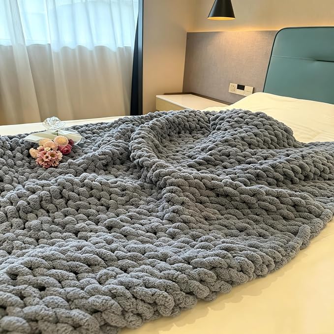 Soft Chunky Knit Throw Blanket for Couch, Cozy Warm Knitted Blankets | Hand Knit with Jumbo Chenille, Lightweight Warm Fluffy Decor for Women, Mom, Her & Girls, Sofa, Chair, Bed,40"×60"(Airy Blue)
