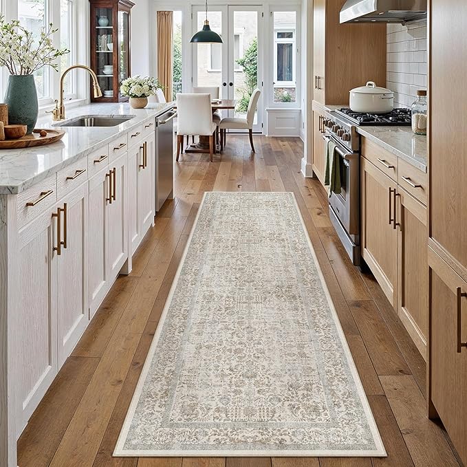 PureCozy Taupe Runner Rug 2'6"x12' Washable Carpet for Hallway Kitchen Vintage Distressed Non Slip Indoor Retro Floral Bedroom Accent Throw Long Rug Bathroom Office Laundry Dining Living Room