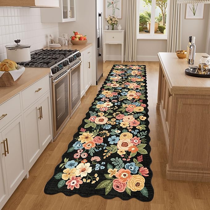 DUKINO 2x8 Washable Runner Rug, Lightweight Soft Floral Hallway Rug Runner with Low Pile Design, Non Shedding & Non Slip Backing Thin Indoor Carpet for Bedroom, Bathroom, Entrance, Kitchen, Black