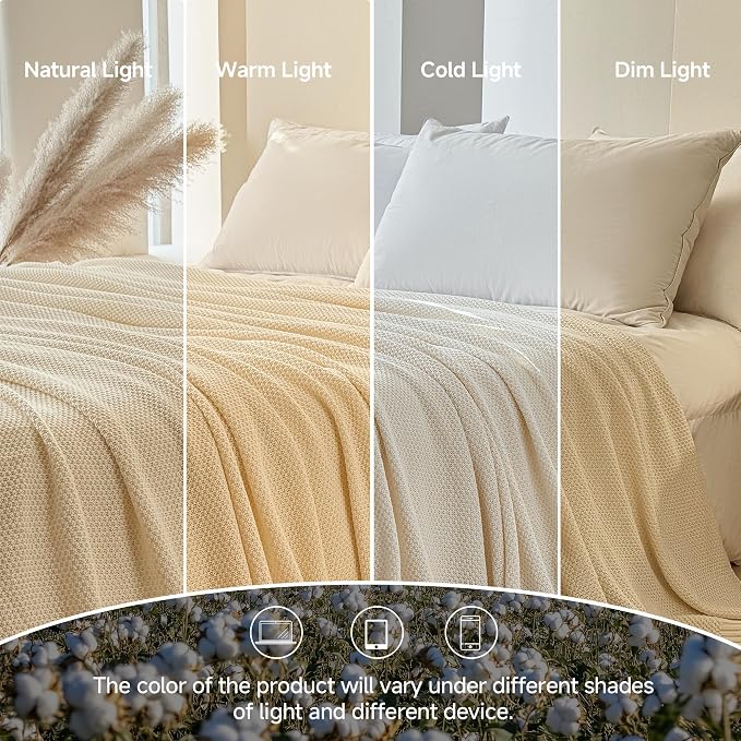 Simple&Opulence 100% Cotton Blanket King Size, Solid Color Cable Knitted Blanket Super Soft Comfortable Breathable Decorative Farmhouse for Couch Sofa Bed, All Season Use(White,104x90)