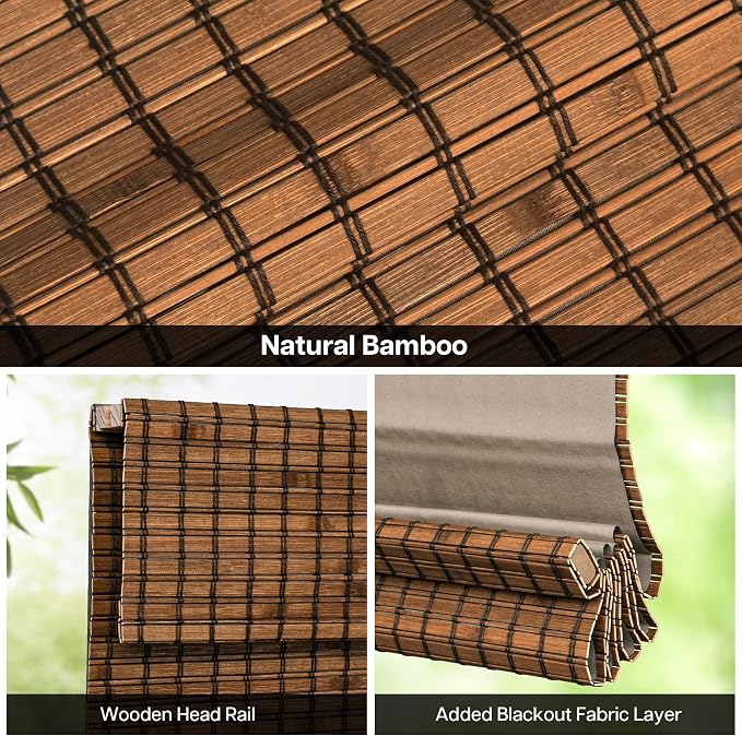 LazBlinds Cordless Blackout Bamboo Roman Shades, 40x64, Penang Teak | Room Darkening Blinds for Interior Windows, Thermal Insulated Roll Up Bamboo Blinds for Home & Patio