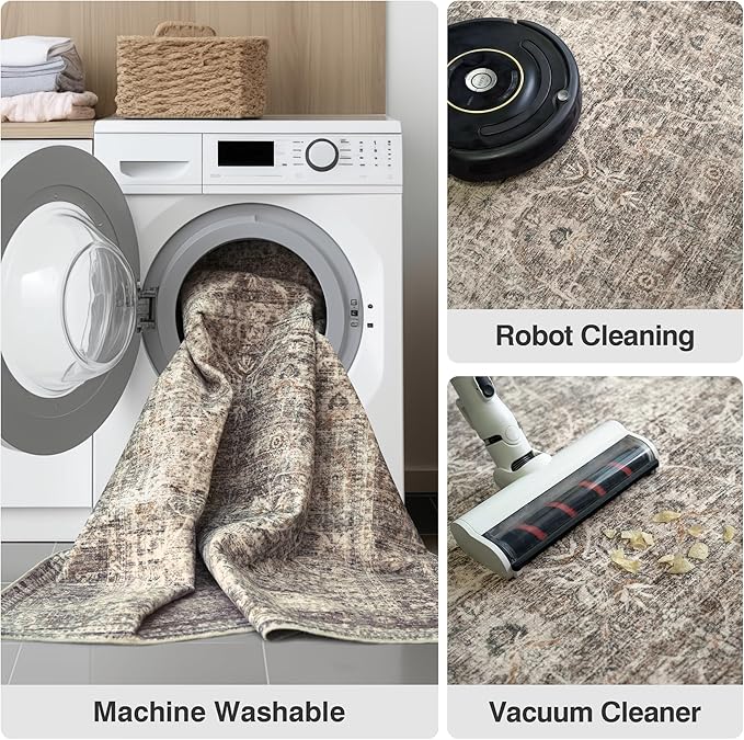 FMFUNCTEX 3x12 Runner Rug Taupe Washable Vintage Neutral Distressed Non Slip Low Pile Indoor Carpet Soft Retro Floral Hallway Entryway Rug for Kitchen Living Room Bedroom Bathroom Laundry Bedside