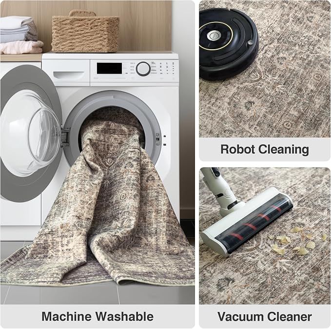 FMFUNCTEX 10x14 Washable Area Rug Taupe Vintage Neutral Distressed Large Non Slip Carpet for Living Room Bedroom Soft Low Pile Indoor Mat Retro Floral Throw Rug for Dining Room Kitchen Office Nursery