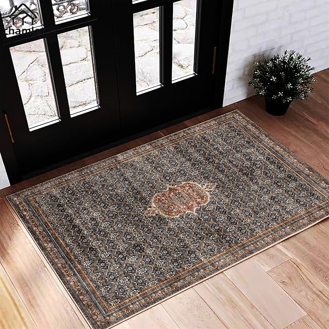 chamler 2x3 Area Rug Washable Door Mat Vintage Doormat Indoor Entrance Traditional Thin Floral Print Non Slip Rugs for Kitchen Bathroom Bedroom Living Room