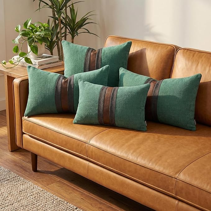 BOYSUM Set of 2 Leather Throw Pillow Covers Lumbar Cotton Linen Decor Patchwork Pillow Cover Faux Leather Pillows Cover for Couch Sofa Living Room Bedroom,Grass Green 12"x20"