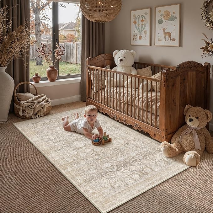 3x4 Beige Washable Neutral Area Rug for Living Room Floral Non Slip Low Pile Throw Rug Indoor Vintage Traditional Stain Resistant Distressed Carpet Bedroom Doormat Dining Room Entrance Bathroom
