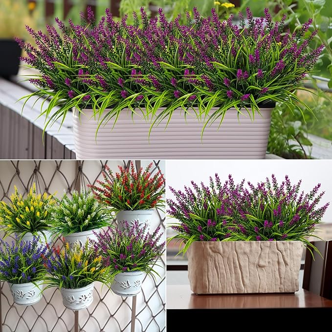 Nigirior Artificial Flowers for Outdoor Plants 24 Bundles Fake Lavender Plastic Faux Monkey Grass for Verandah Window Garden Office Patio Front Porch UV Resistant for Planter(Fuchsia)