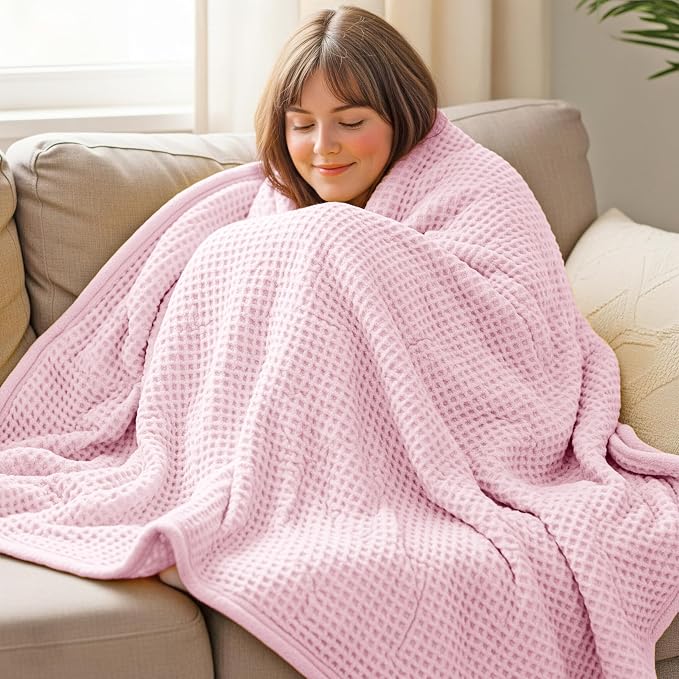 THREAD SPREAD 100% Cotton Waffle Blanket Queen Size - Soft Lightweight Breathable Waffle Weave Queen Blanket for All Season, Textured Throw Blankets for Bed, Sofa, Hotel, Hospital - Light Pink