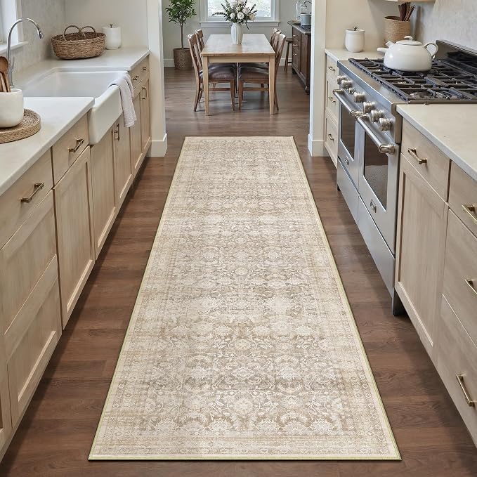 2x10 Beige Washable Neutral Runner Rug for Living Room Floral Non Slip Low Pile Runner Indoor Vintage Traditional Stain Resistant Distressed Carpet Kitchen Bedroom Dining Room Hallway Bathroom