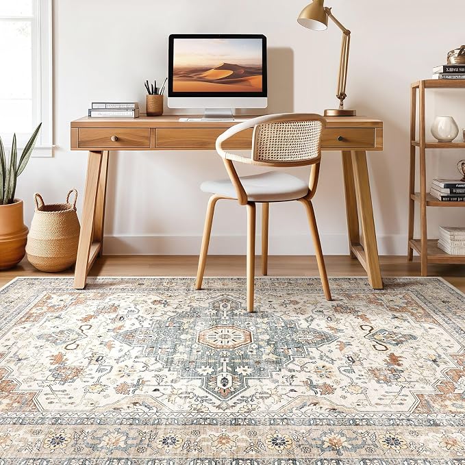 8x12 Area Rugs Living Room: Washable Boho Large Neutral Vintage Soft Rug Stain Resistant Distressed Farmhouse Non-Slip Indoor Floor Carpet for Bedroom Nursery Kids Office Dining Room- Beige Blue