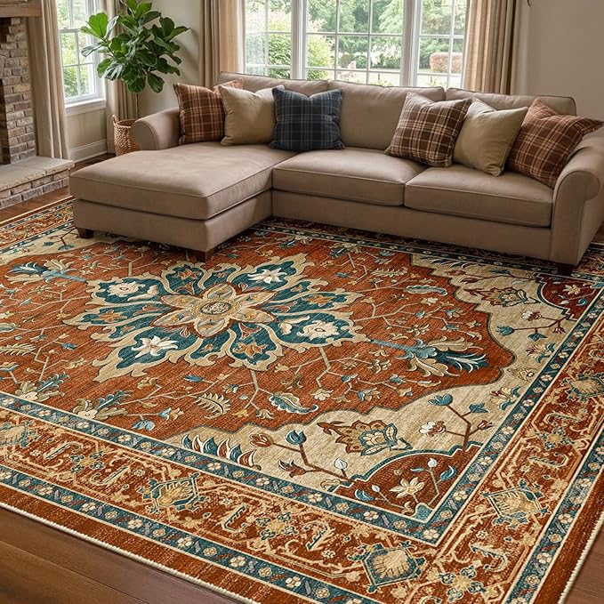 RELEANY Area Rugs 8'x10' Washable Non-Slip, Floral Vintage Distress Print Pattern Medallion Carpet for Living Room Bedroom Dining Room, Red Orange Blue Brown
